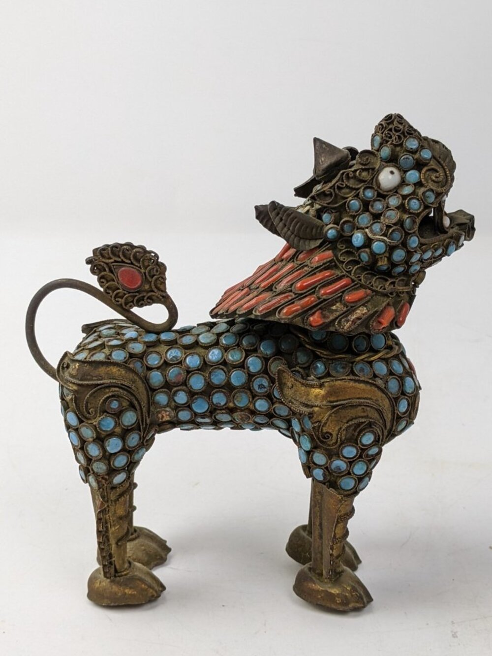Vintage Gild Filigree Fu Foo Dog Lion W/ Coral & Turquoise Inlay 5.5"